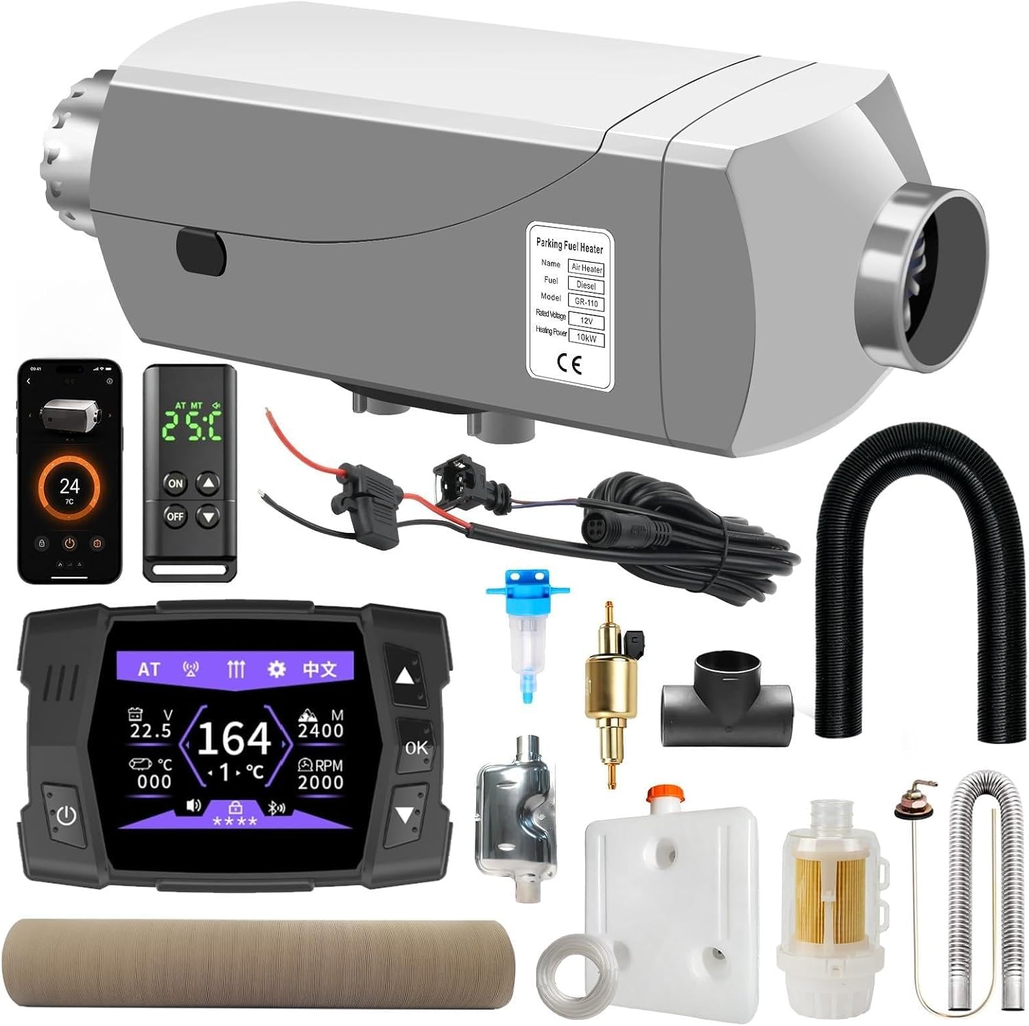 12V 10kW Diesel Heater with Brushless Motor Bluetooth Remote Control